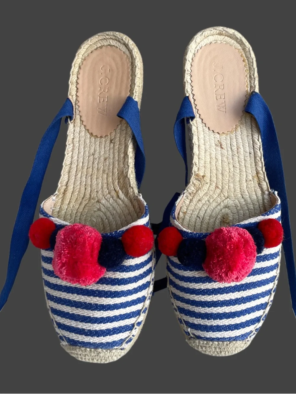 J. CREW Blue White Striped Canvas w/ Pink Pom Pom Ankle Wrap Espadrilles Flats